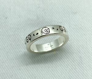 Gucci Sterling Silver Ghost GG Skull Ring Logo Band Size 5